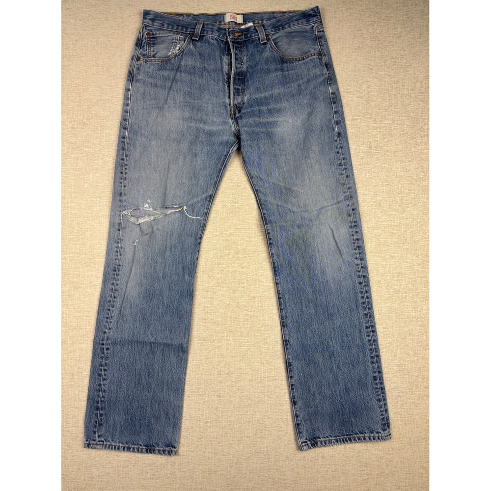 Vintage Levis 501 Mens 36x30 Jeans Light Distress Festival Faded Denim - Picture 1 of 13